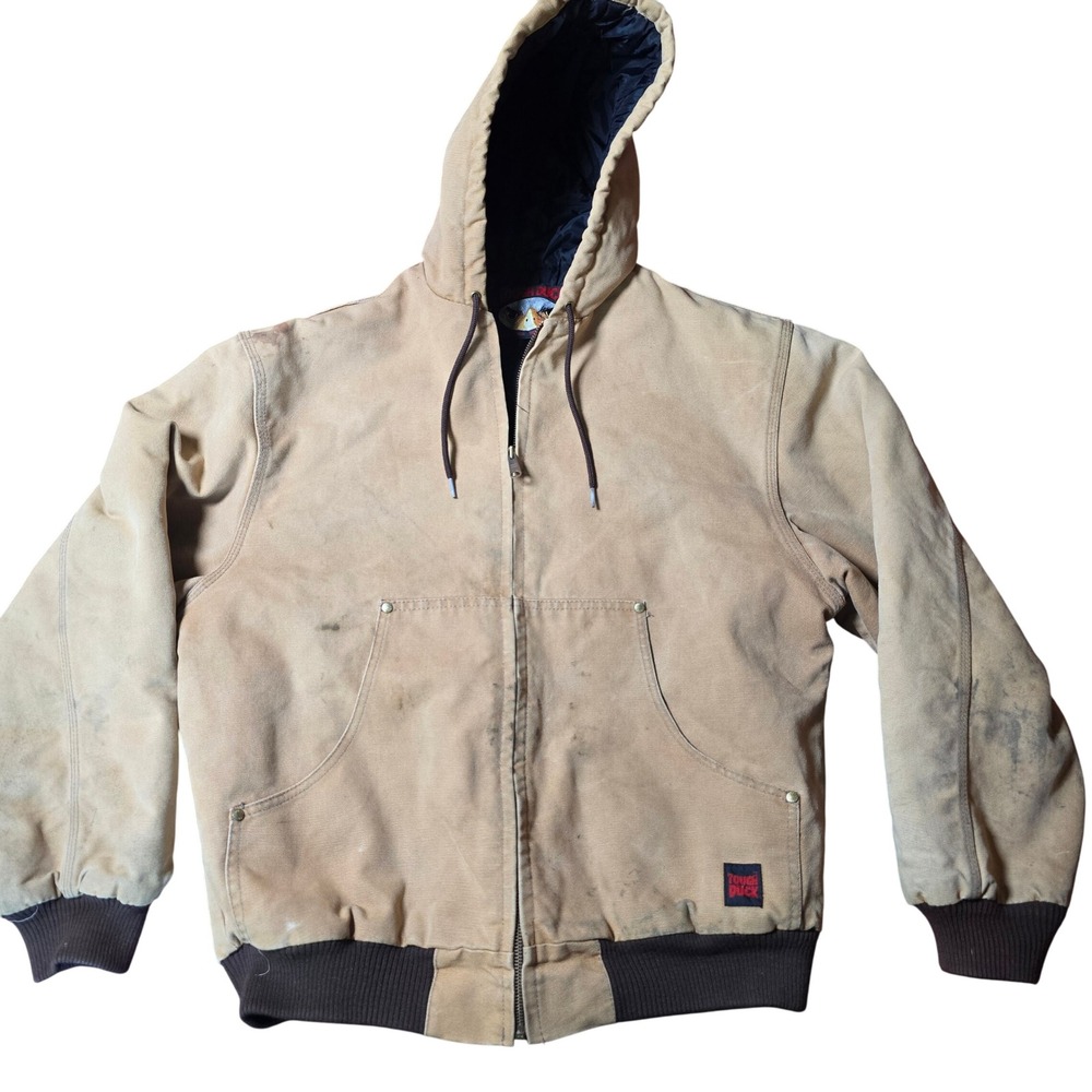 Tough‎ Duck Canvas Jacket Mens Medium Brown Quilt Lined Hooded Coat Hunting